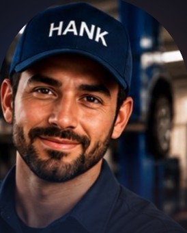 Hank, wearing a navy HANK cap and work shirt
